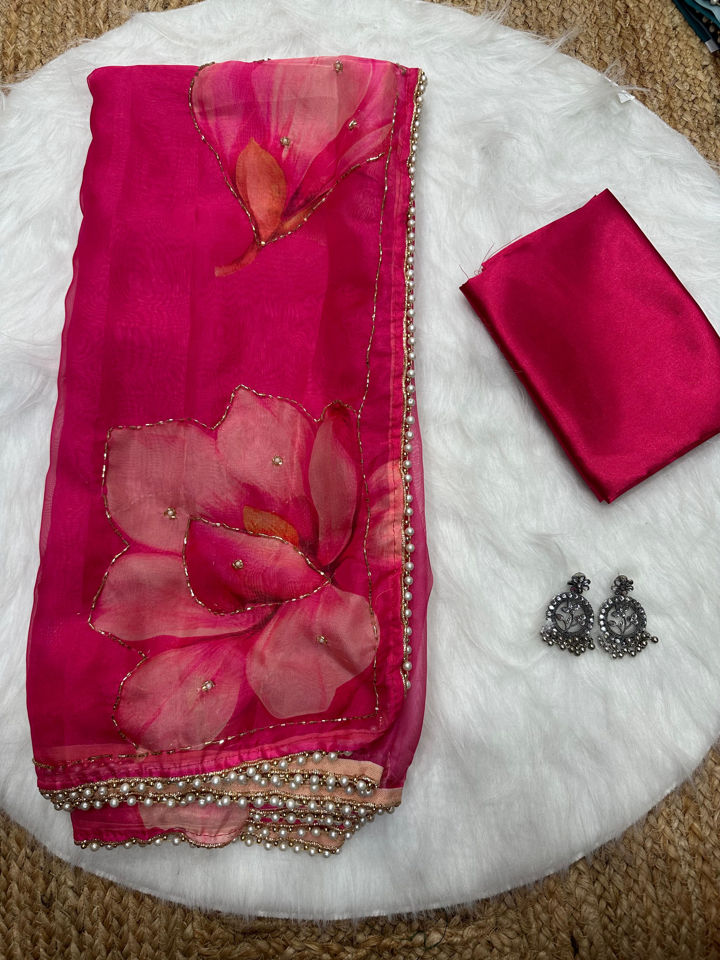 New Beautiful Soft Silk Print n Handwork Partywear Fancy Designer Saree With Blouse