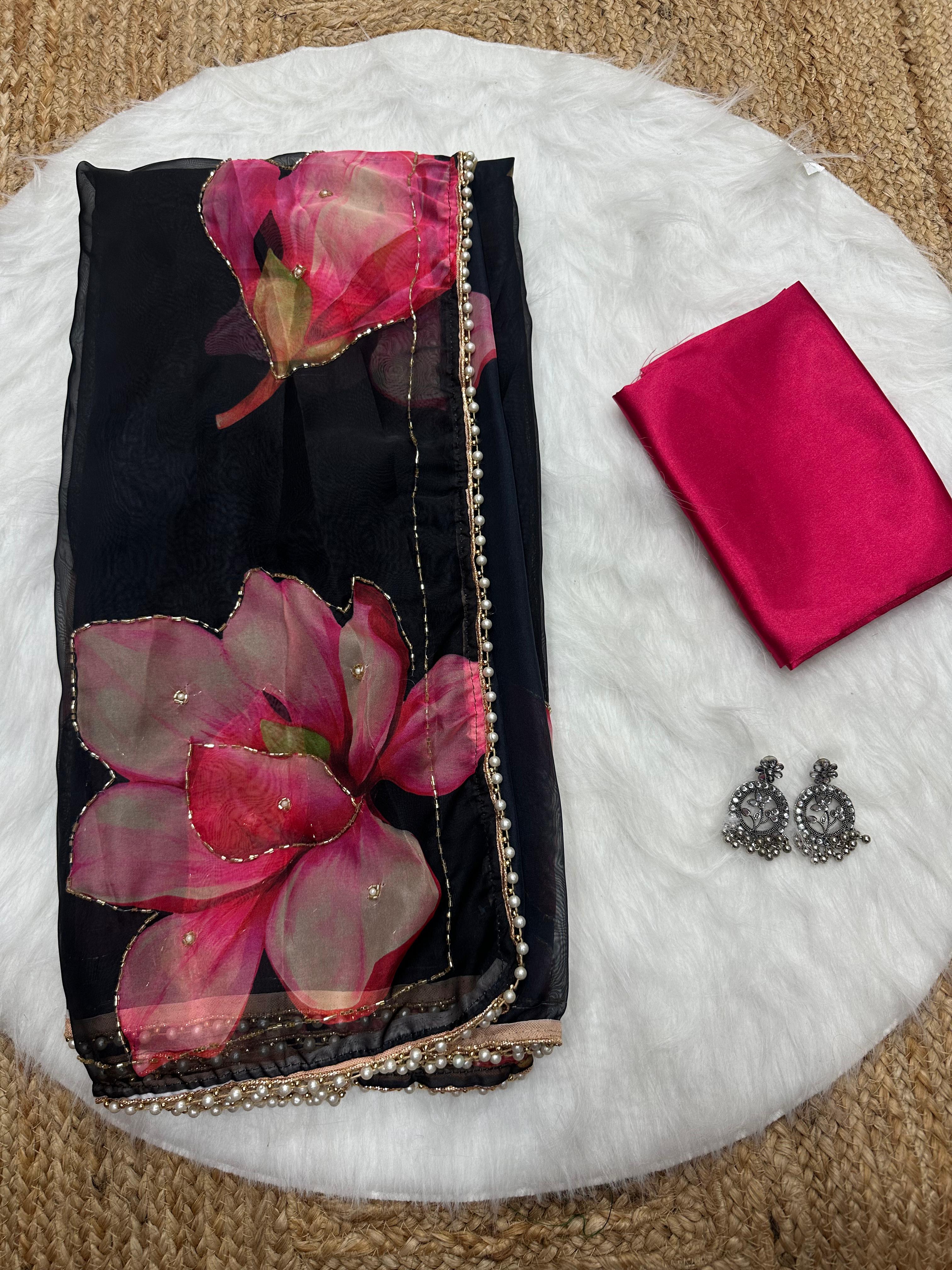 New Beautiful Soft Silk Print n Handwork Partywear Fancy Designer Saree With Blouse