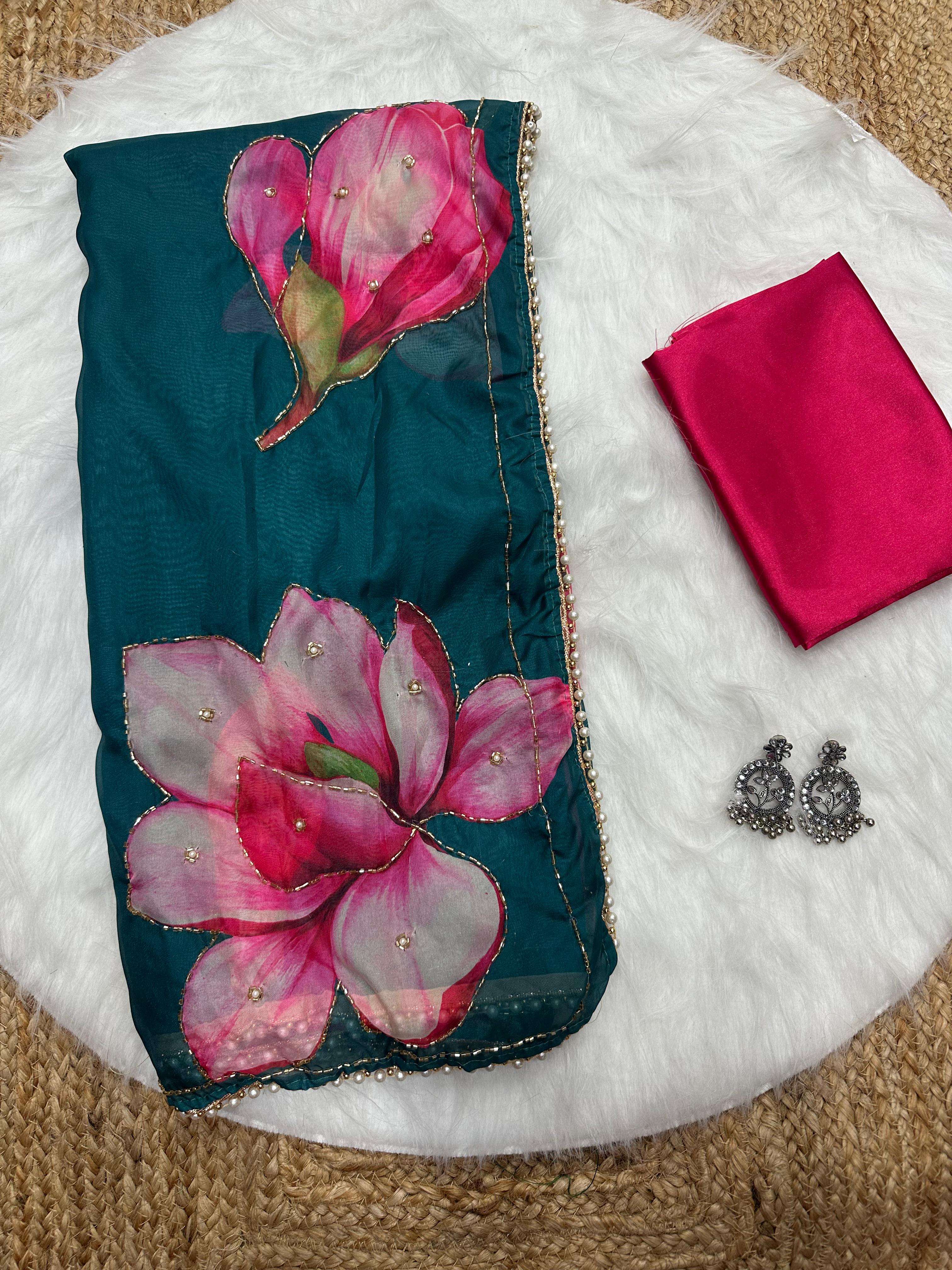 New Beautiful Soft Silk Print n Handwork Partywear Fancy Designer Saree With Blouse