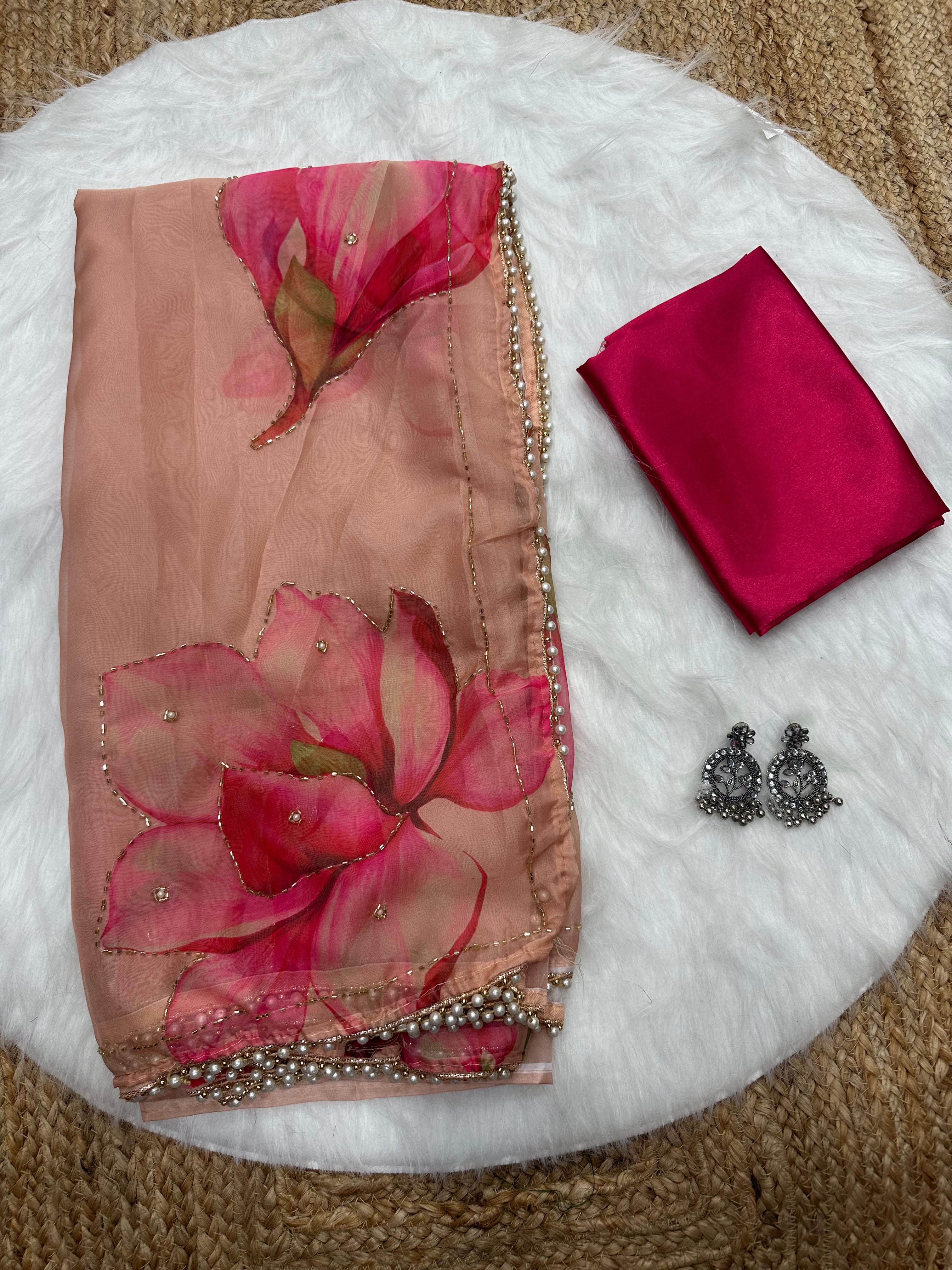 New Beautiful Soft Silk Print n Handwork Partywear Fancy Designer Saree With Blouse