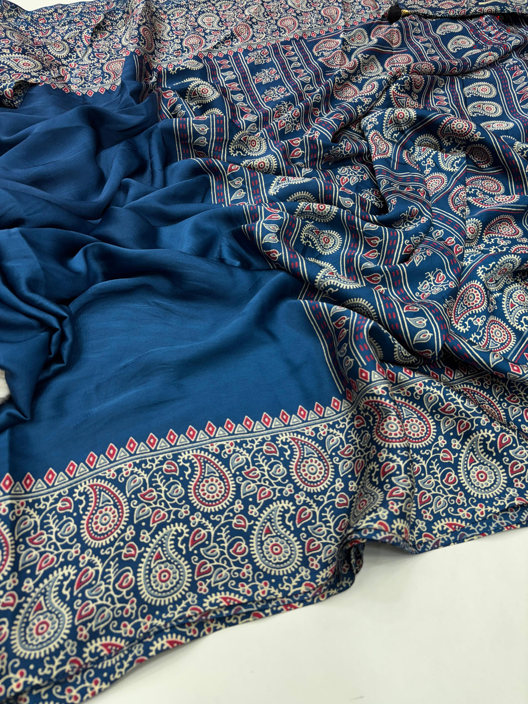 New Function Wear Blue Color Pure Satin Silk Ajrak Printed Rich Pallu n Tussles Work Fancy Designer Saree