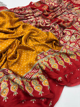 Load image into Gallery viewer, Gorgeous Party wear Pure Satin Silk Ajrak Printed Rich Pallu n Tussles Work Fancy Designer Saree
