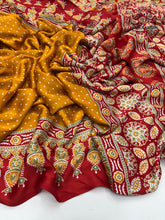Load image into Gallery viewer, Gorgeous Party wear Pure Satin Silk Ajrak Printed Rich Pallu n Tussles Work Fancy Designer Saree

