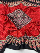 Load image into Gallery viewer, Gorgeous Party wear Pure Satin Silk Ajrak Printed Rich Pallu n Tussles Work Fancy Designer Saree
