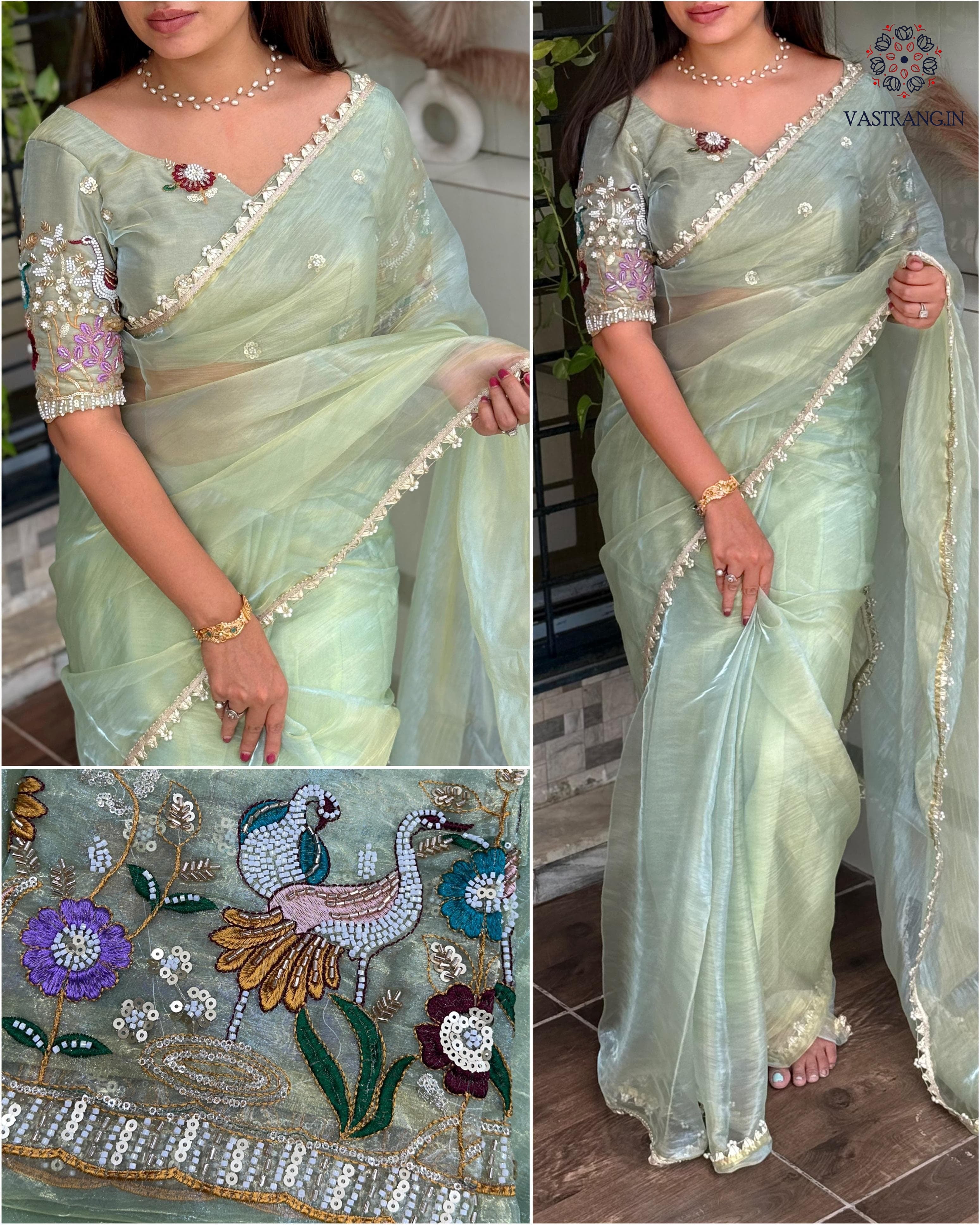 New Soft Organza Silk Festive Wear Heavy Pearl n Hand Work Fancy Designer Saree With Blouse