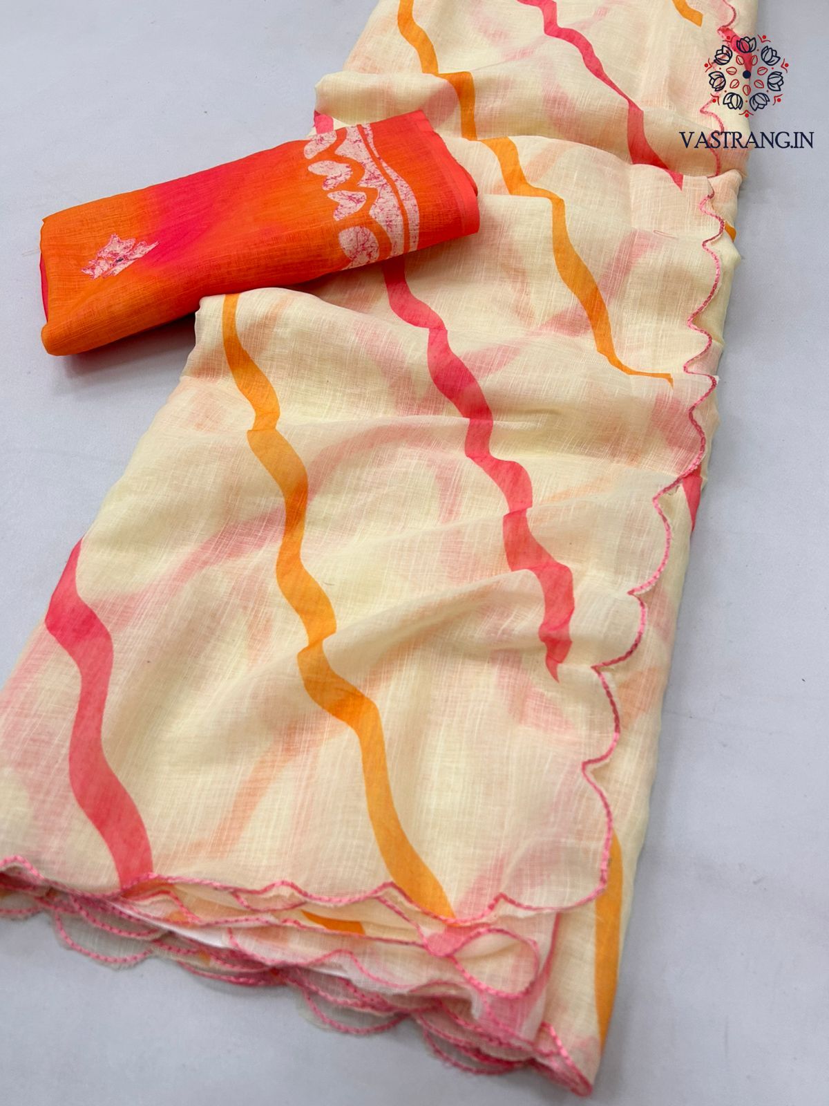 New Cotton Linen Leheriya Print With Arco Border n Cut Work Fancy Designer Wedding Wear Saree With Blouse