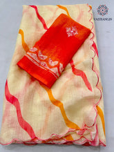 Load image into Gallery viewer, New Cotton Linen Leheriya Print With Arco Border n Cut Work Fancy Designer Wedding Wear Saree With Blouse
