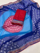 Load image into Gallery viewer, New Blue Color Georgette Print n Sequence Lace Border Work Fancy Designer Wedding Wear Saree
