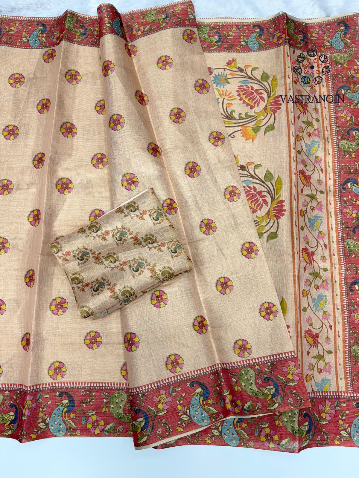 New Cream Color Tissue Cotton Print Work Fancy Designer Wedding Wear Saree With Blouse