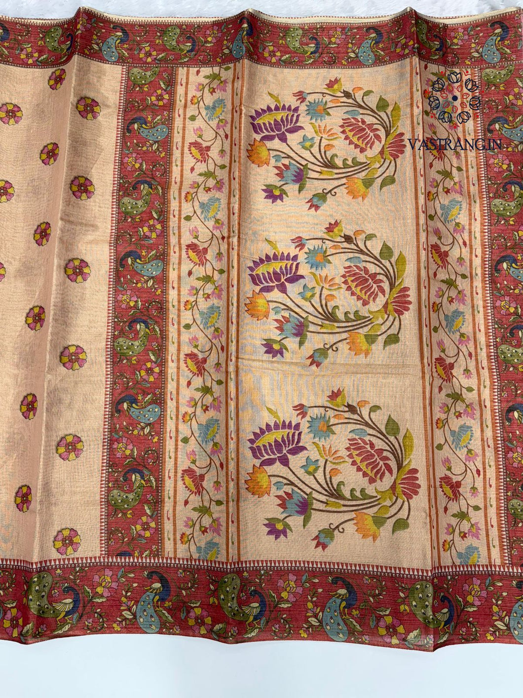 New Cream Color Tissue Cotton Print Work Fancy Designer Wedding Wear Saree With Blouse