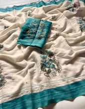 Load image into Gallery viewer, New Function Wear Cotton Linen Fabric Print n Hand Katha Thread With Mirror Work Fancy Designer Saree
