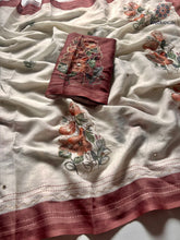 Load image into Gallery viewer, New Function Wear Cotton Linen Fabric Print n Hand Katha Thread With Mirror Work Fancy Designer Saree
