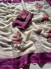 Load image into Gallery viewer, New Function Wear Cotton Linen Fabric Print n Hand Katha Thread With Mirror Work Fancy Designer Saree
