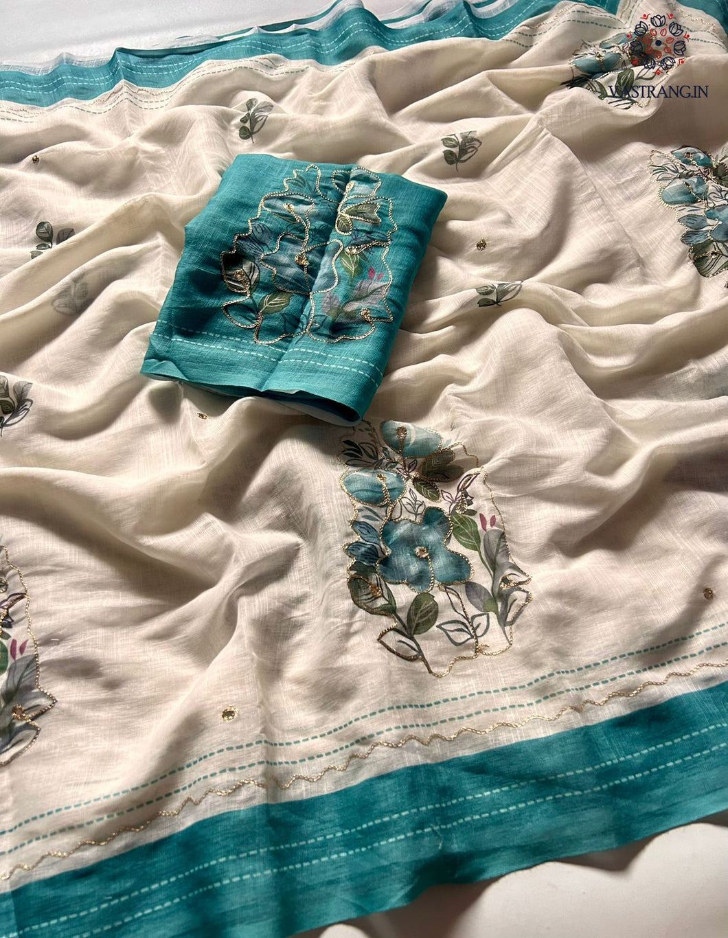 New Function Wear Cotton Linen Fabric Print n Hand Katha Thread With Mirror Work Fancy Designer Saree