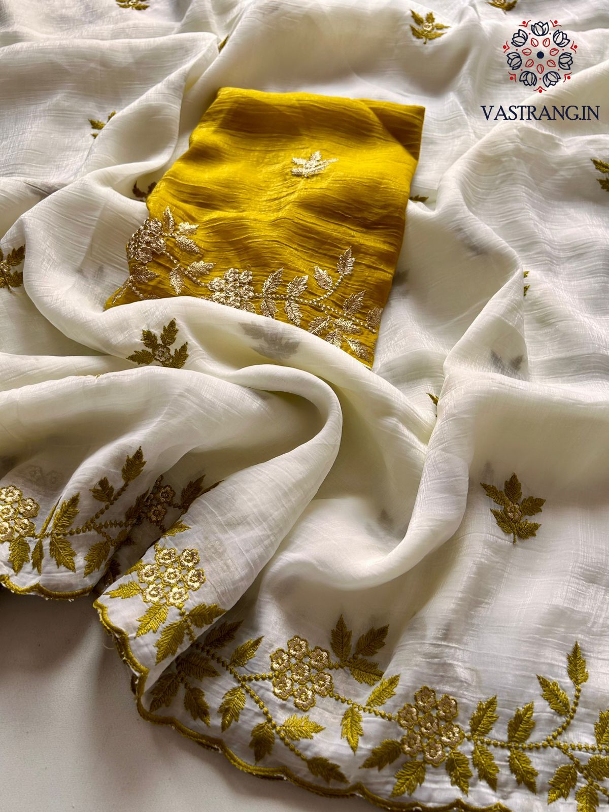 New Partywear Off White Color Crunchy Silk Embroidery Work Fancy Designer Saree With Blouse