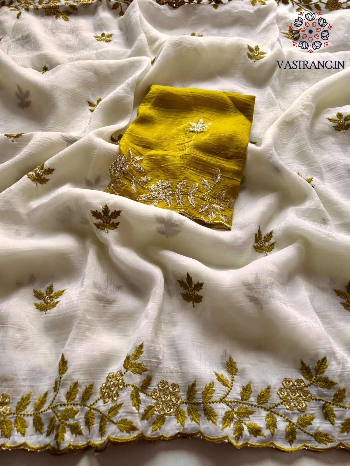 New Partywear Off White Color Crunchy Silk Embroidery Work Fancy Designer Saree With Blouse