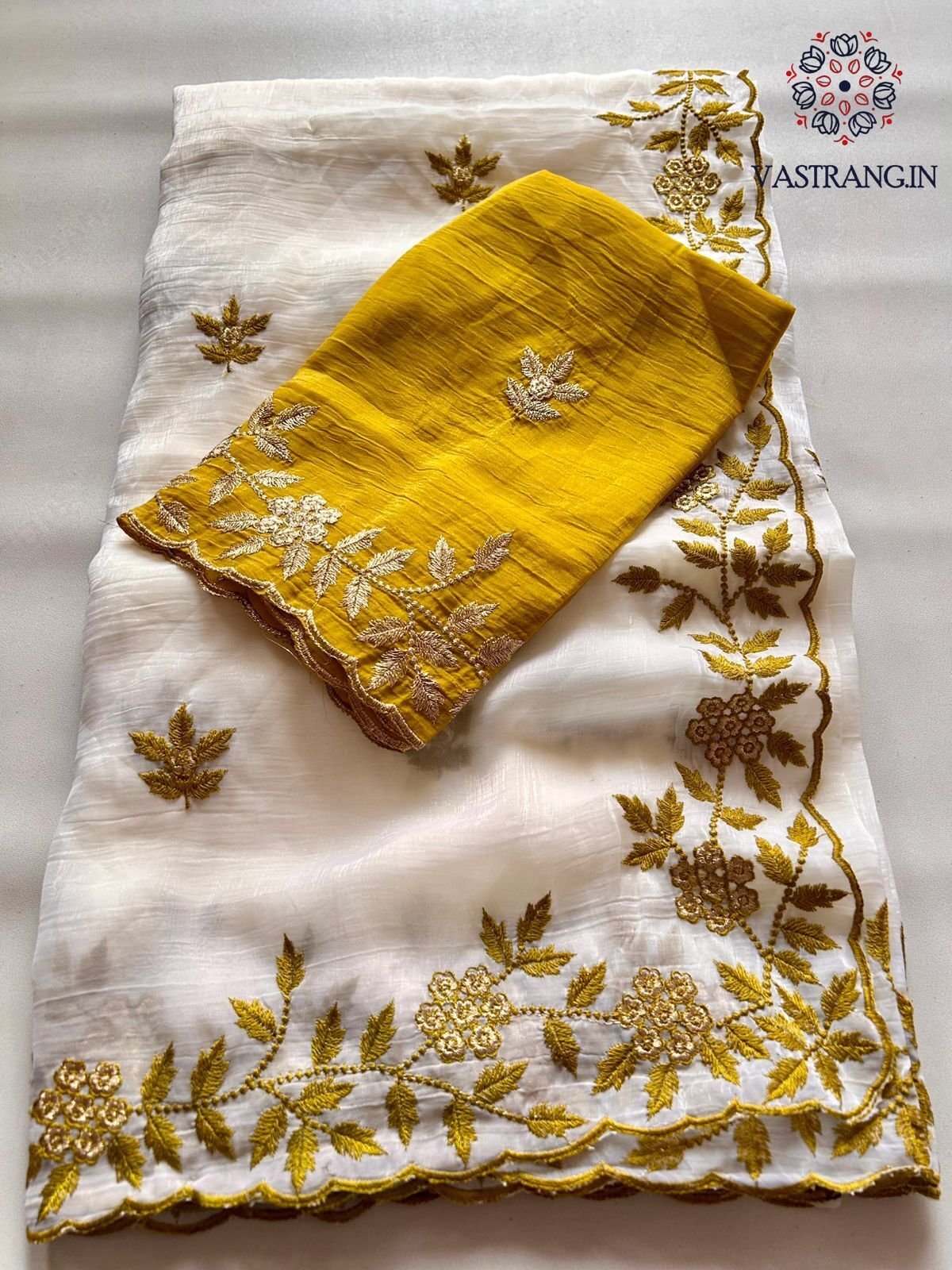 New Partywear Off White Color Crunchy Silk Embroidery Work Fancy Designer Saree With Blouse