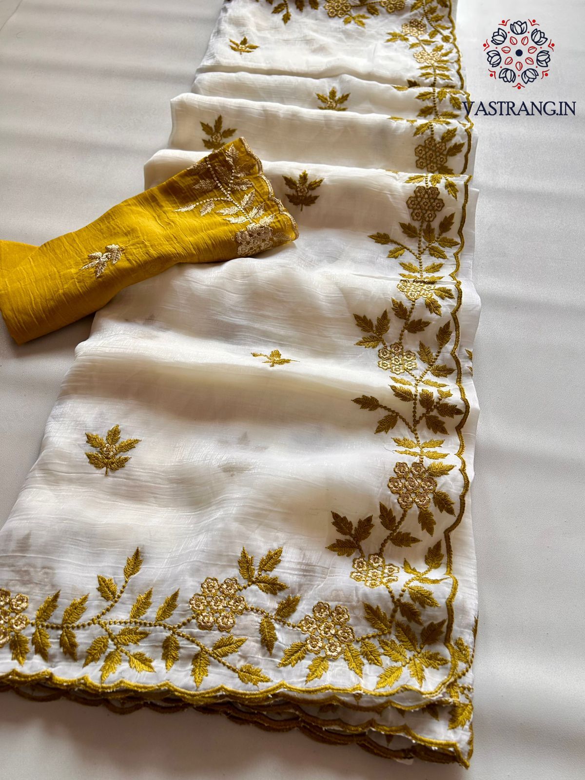 New Partywear Off White Color Crunchy Silk Embroidery Work Fancy Designer Saree With Blouse