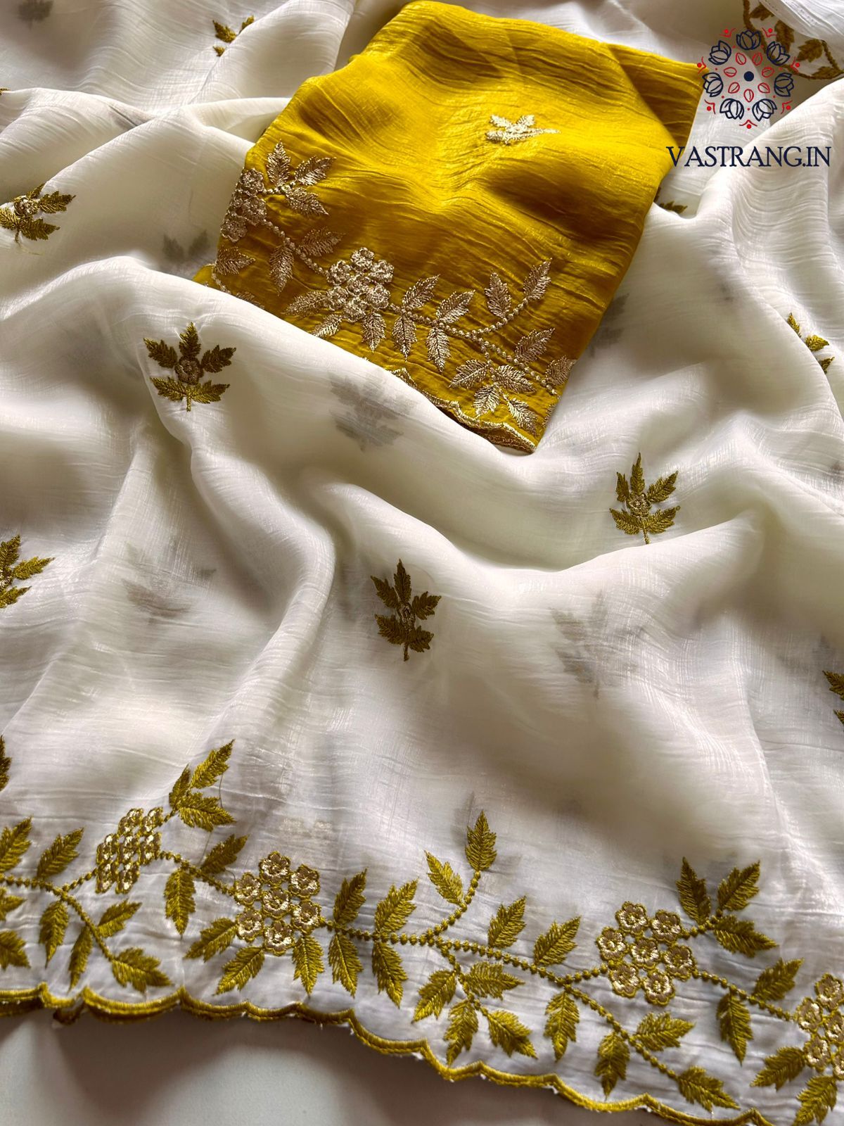 New Partywear Off White Color Crunchy Silk Embroidery Work Fancy Designer Saree With Blouse