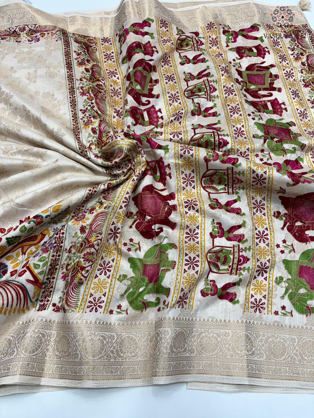 New Wedding Wear Cream Color Zari Weaving n Tussles Work Fancy Designer Saree With Rich Pallu