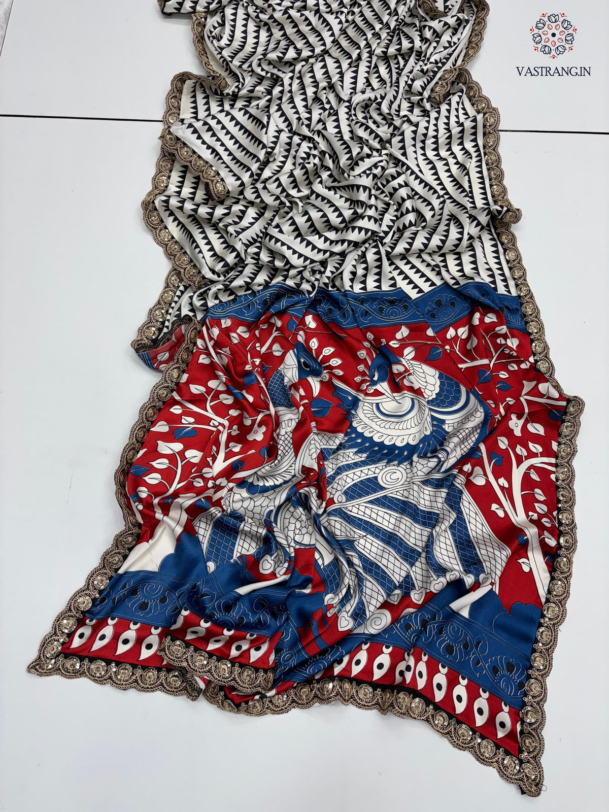 New Function Wear Pure Satin Silk Ajrak Printed n Sequence Lace Work Rich Pallu n Tussles Work Fancy Designer Saree