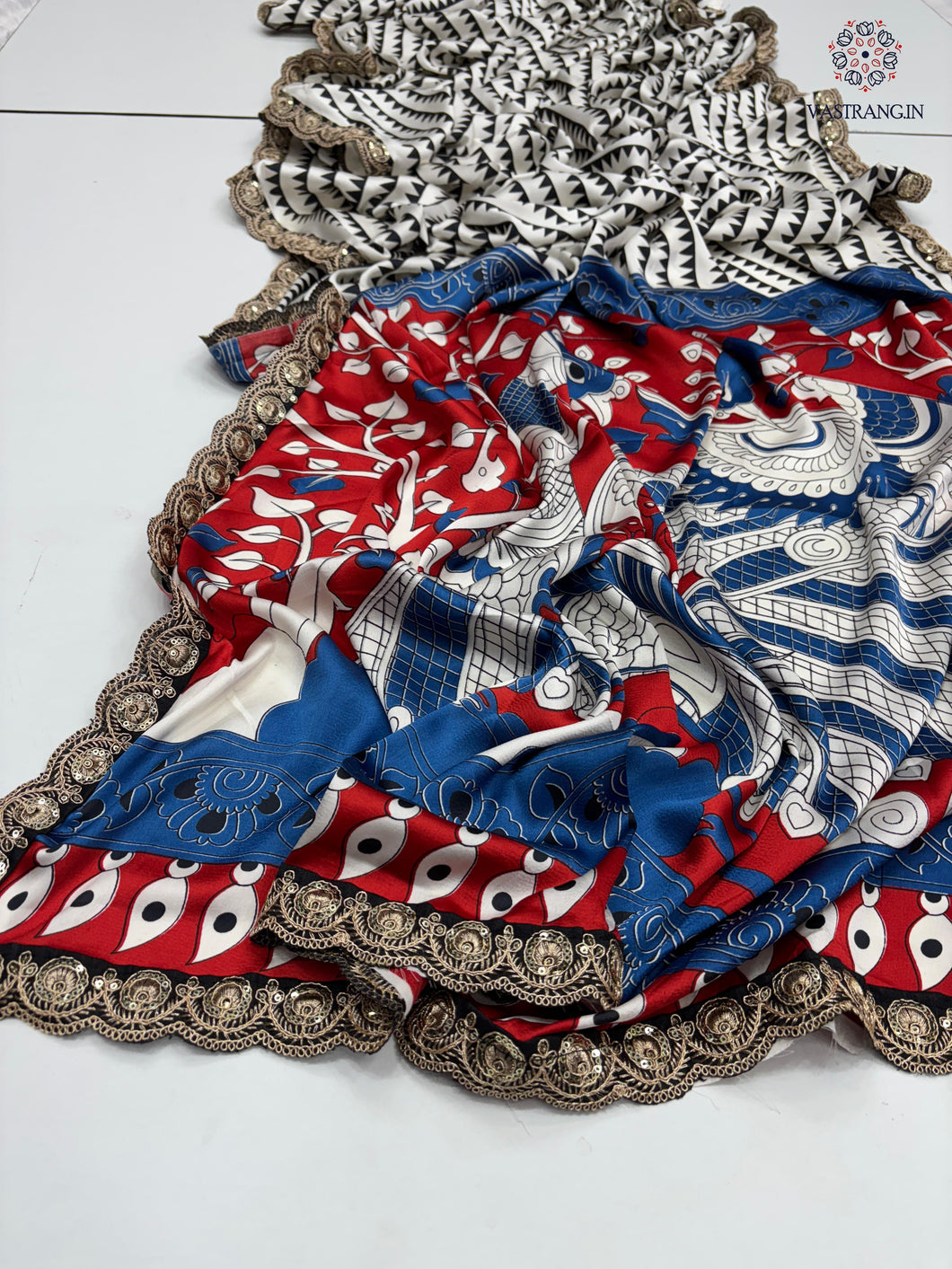 New Function Wear Pure Satin Silk Ajrak Printed n Sequence Lace Work Rich Pallu n Tussles Work Fancy Designer Saree