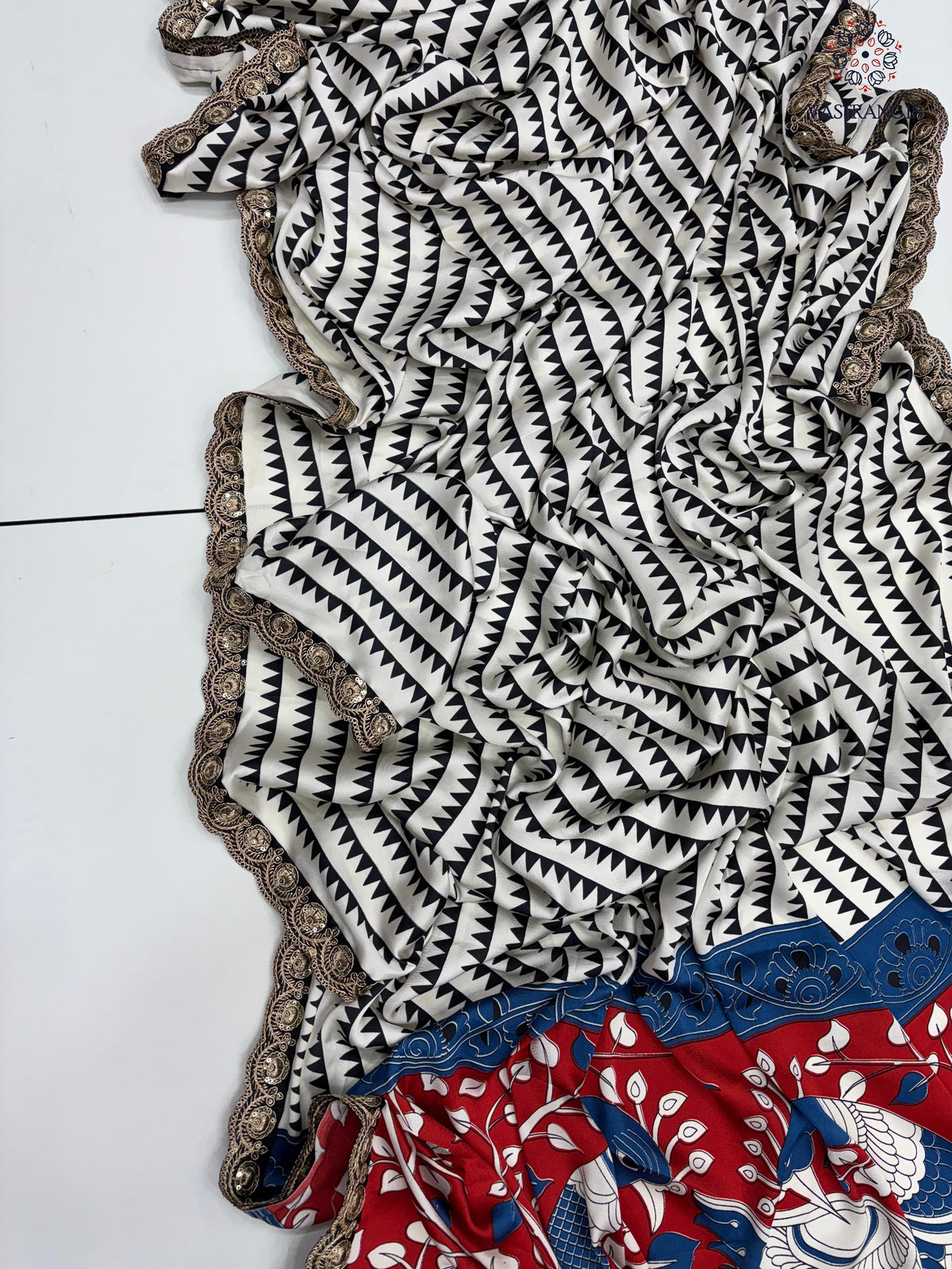 New Function Wear Pure Satin Silk Ajrak Printed n Sequence Lace Work Rich Pallu n Tussles Work Fancy Designer Saree