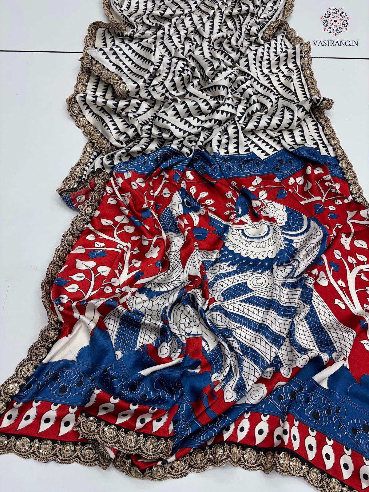 New Function Wear Pure Satin Silk Ajrak Printed n Sequence Lace Work Rich Pallu n Tussles Work Fancy Designer Saree