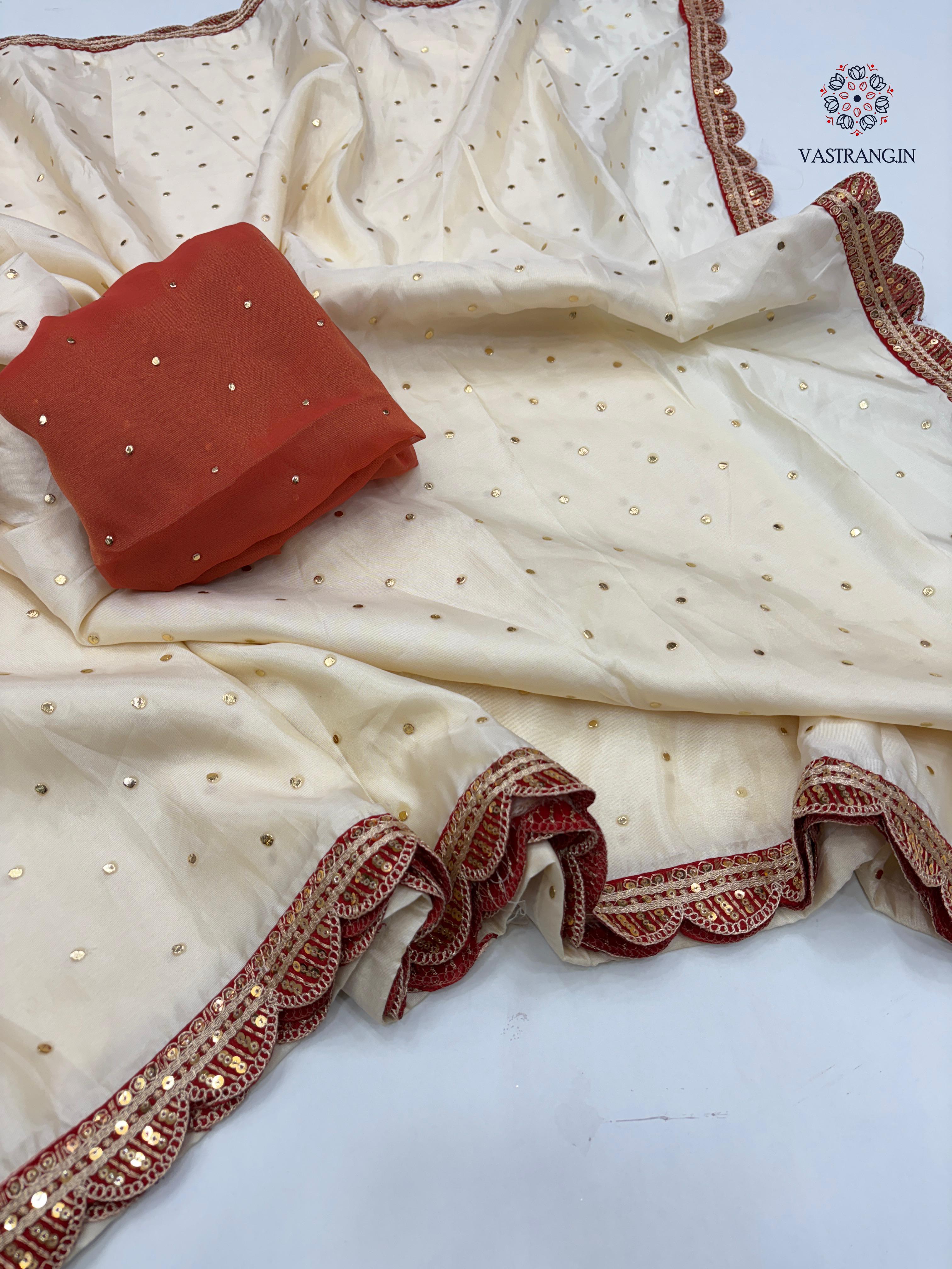 New Wedding Wear Golden Colour Tissue Silk Mukesh Work With Heavy Fancy Lace Designer Saree With Blouse