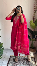 Load image into Gallery viewer, New Wedding Wear Pink Color Roman Silk Embroidery n Sequence Work Designer Straight Kurta With Trouser n Dupatta Set
