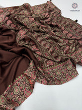 Load image into Gallery viewer, New Wedding Wear Brown Color Pure Satin Silk Ajrak Printed Rich Pallu n Tussles Work Fancy Designer Saree
