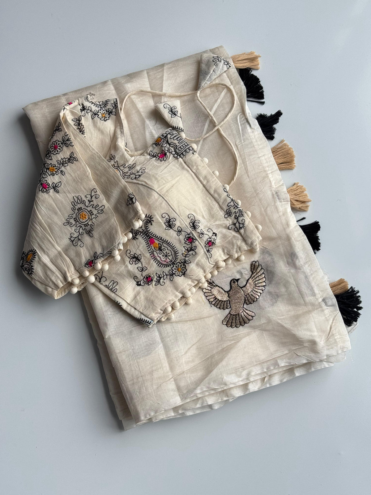 New Chanderi Cotton Embroidery n Tussels Work Fancy Designer Festive Wear Saree With Stitched Blouse