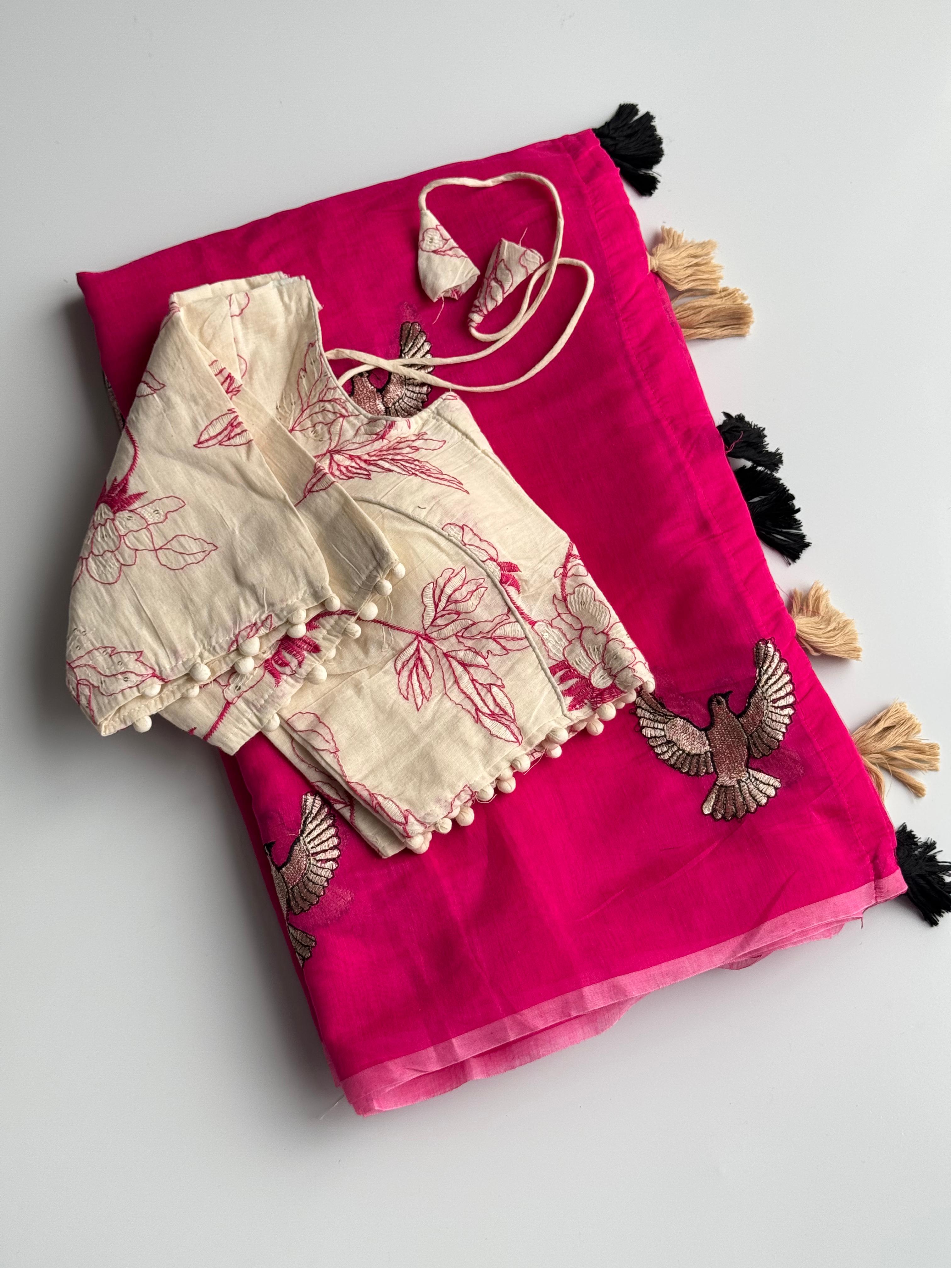 New Chanderi Cotton Embroidery n Tussels Work Fancy Designer Festive Wear Saree With Stitched Blouse