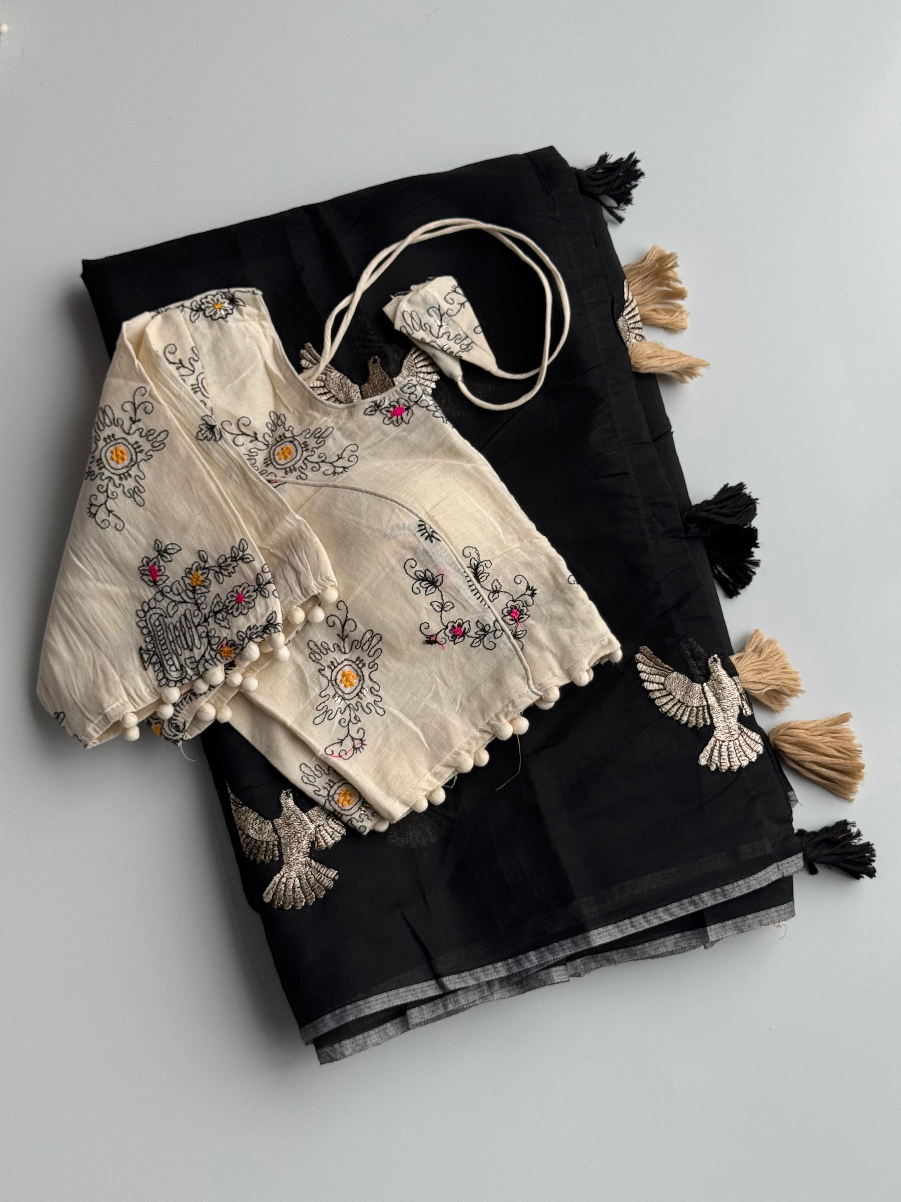 New Chanderi Cotton Embroidery n Tussels Work Fancy Designer Festive Wear Saree With Stitched Blouse
