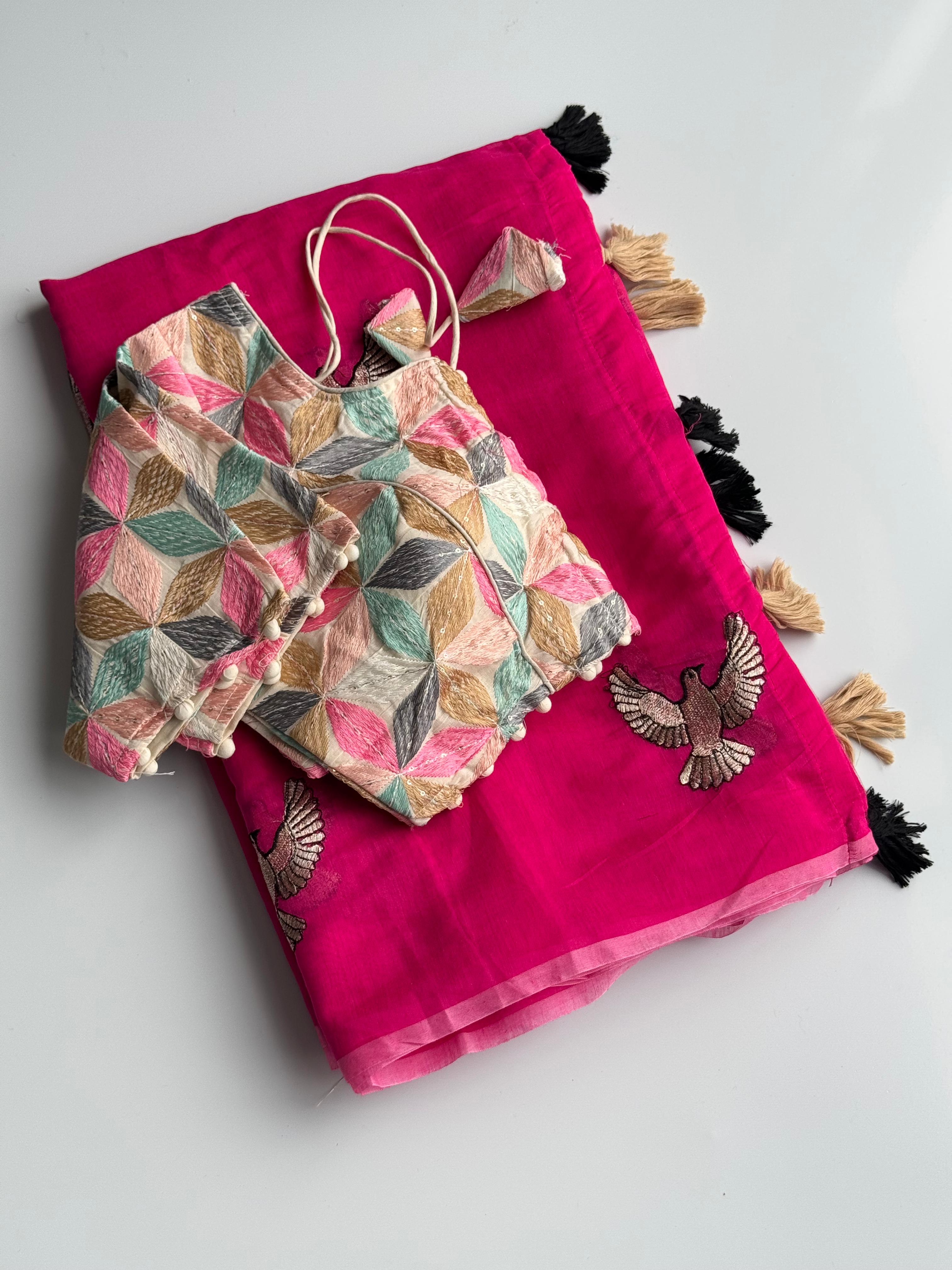 New Chanderi Cotton Embroidery n Tussels Work Fancy Designer Festive Wear Saree With Stitched Blouse
