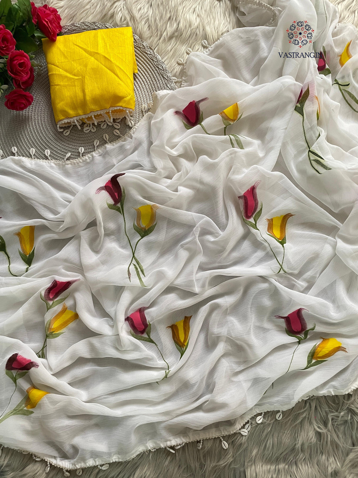 New Partywear White Color Chiffon Handbrush Print With Foil n Moti Lace Work Fancy Designer Saree