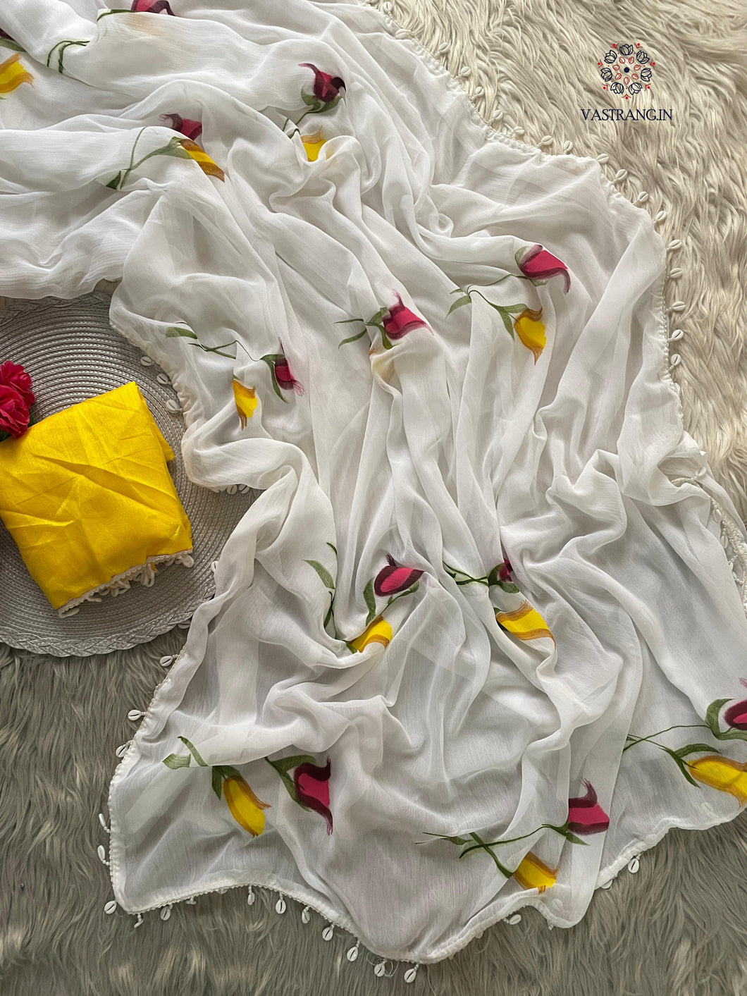 New Partywear White Color Chiffon Handbrush Print With Foil n Moti Lace Work Fancy Designer Saree