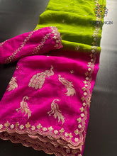 Load image into Gallery viewer, Prettiest Double Shaded Crunchy Chiffon Crush Silk Embroidery Work Partywear Fancy Designer Saree For Wedding
