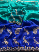 Load image into Gallery viewer, Prettiest Double Shaded Crunchy Chiffon Crush Silk Embroidery Work Partywear Fancy Designer Saree For Wedding
