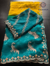 Load image into Gallery viewer, Prettiest Double Shaded Crunchy Chiffon Crush Silk Embroidery Work Partywear Fancy Designer Saree For Wedding
