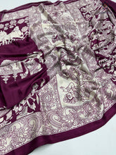 Load image into Gallery viewer, New Wine Color Festive Wear Pure Satin Silk Ajrak Printed Rich Pallu n Tussles Work Fancy Designer Saree
