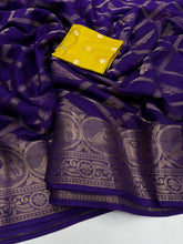Load image into Gallery viewer, New Blue Color Mysore Silk Jacquard Weaving With Jhalar Work Fancy Designer Festive Wear Saree With Blouse
