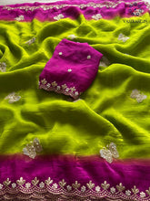 Load image into Gallery viewer, Attractive Double Shaded Crunchy Chiffon Crush Silk Embroidery Work Partywear Fancy Designer Saree With Contrast Blouse
