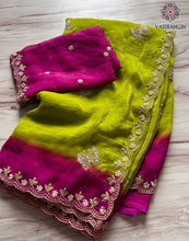 Load image into Gallery viewer, Attractive Double Shaded Crunchy Chiffon Crush Silk Embroidery Work Partywear Fancy Designer Saree With Contrast Blouse
