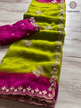 Load image into Gallery viewer, Attractive Double Shaded Crunchy Chiffon Crush Silk Embroidery Work Partywear Fancy Designer Saree With Contrast Blouse
