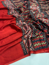 Load image into Gallery viewer, Latest Party Wear Red Colour Pure Satin with Ajrak printed Rich Pallu n Tussles Work Fancy Designer Saree
