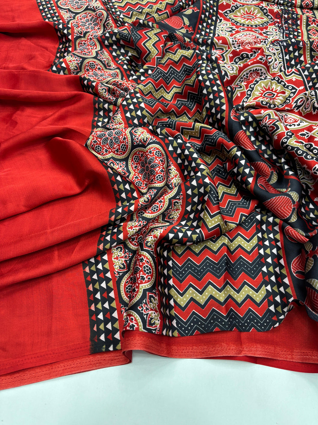 Latest Party Wear Red Colour Pure Satin with Ajrak printed Rich Pallu n Tussles Work Fancy Designer Saree