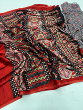 Load image into Gallery viewer, Latest Party Wear Red Colour Pure Satin with Ajrak printed Rich Pallu n Tussles Work Fancy Designer Saree
