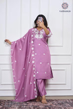 Load image into Gallery viewer, New Function Wear Light Wine Color Roman Silk Embroidery n Sequence Work Designer Straight Kurta With Trouser n Dupatta Set
