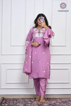 Load image into Gallery viewer, New Function Wear Light Wine Color Roman Silk Embroidery n Sequence Work Designer Straight Kurta With Trouser n Dupatta Set
